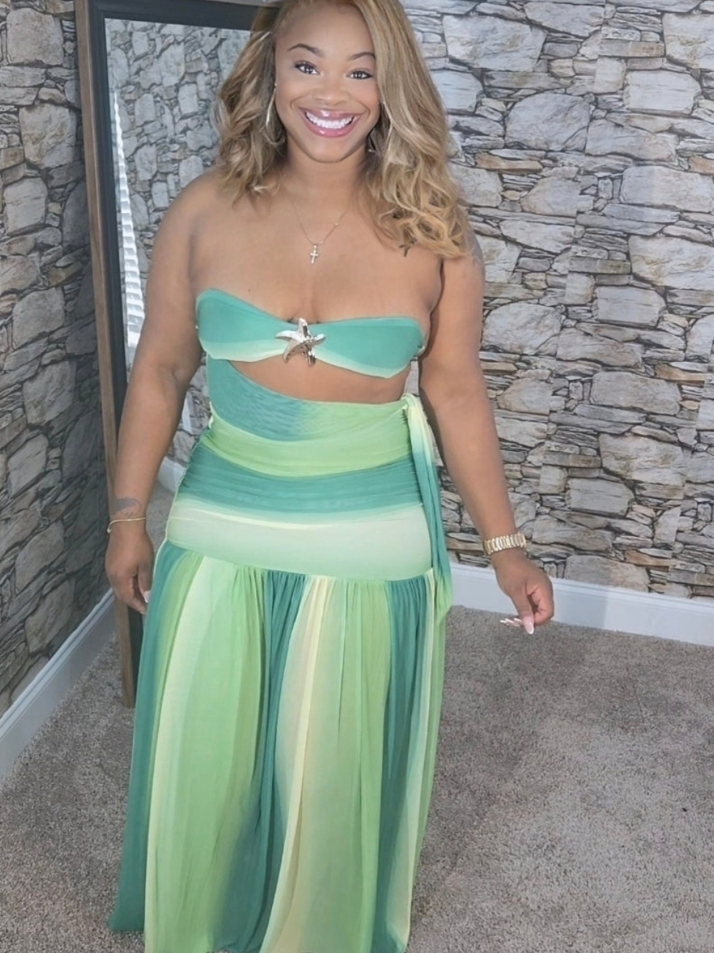 Women's Green Ombre Maxi Skirt - Elegant Flowing Wrap Style